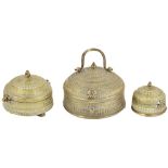 TWO BRASS BOXES, INDIA, 19TH CENTURY each of elongated octagonal form, with domed lid, one with