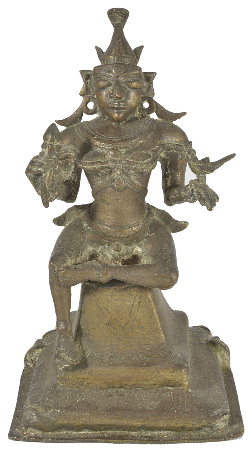 A LARGE BRONZE FIGURE OF MEENAKSHI, SOUTHERN INDIA, 18TH/19TH CENTURY seated on a raised stool,