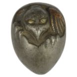 A JAPANESE SOLID PEWTER NETSUKE OF TENGU NO TAMAGO, LATE EDO PERIOD, CIRCA 1850 emerging from its