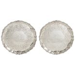A PAIR OF GEORGE II SILVER SALVERS, ELIZA GODFREY, LONDON, 1755 shaped circular, the centres each