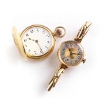˜A LADY'S GOLD HALF-HUNTER POCKET WATCH, SWISS, CIRCA 1914 keyless wind movement, white dial with