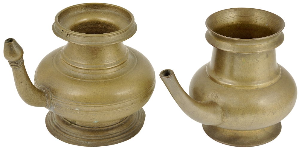 TWO BRASS RITUAL WATER VESSELS (KINDI), KERALA, SOUTH INDIA, 18TH/19TH CENTURY each with turned