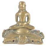 A SMALL BRONZE FIGURE OF A JAIN TIRTHANKARA, WESTERN INDIA, CIRCA 15TH CENTURY seated on a