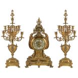 A LARGE GILT-BRONZE THREE-PIECE CLOCK GARNITURE, FRENCH, LATE 19TH CENTURY eight day bell striking