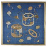 A JAPANESE EMBROIDERED SILK PANEL, PROBABLY EARLY 20TH CENTURY worked with a pair of hexagonal tubs,