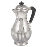 A VICTORIAN SILVER HOT WATER JUG, FENTON BROTHERS, SHEFFIELD, 1884 part lobed baluster, engraved