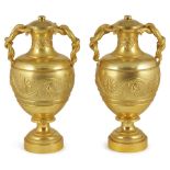 A PAIR OF GILT-BRONZE URNS, 20TH CENTURY with entwined snake handles and formal borders of berried