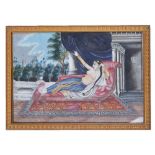 A COURTESAN, TANJORE, SOUTH INDIA, 19TH CENTURY gouache with gold on paper, depicted reclining on