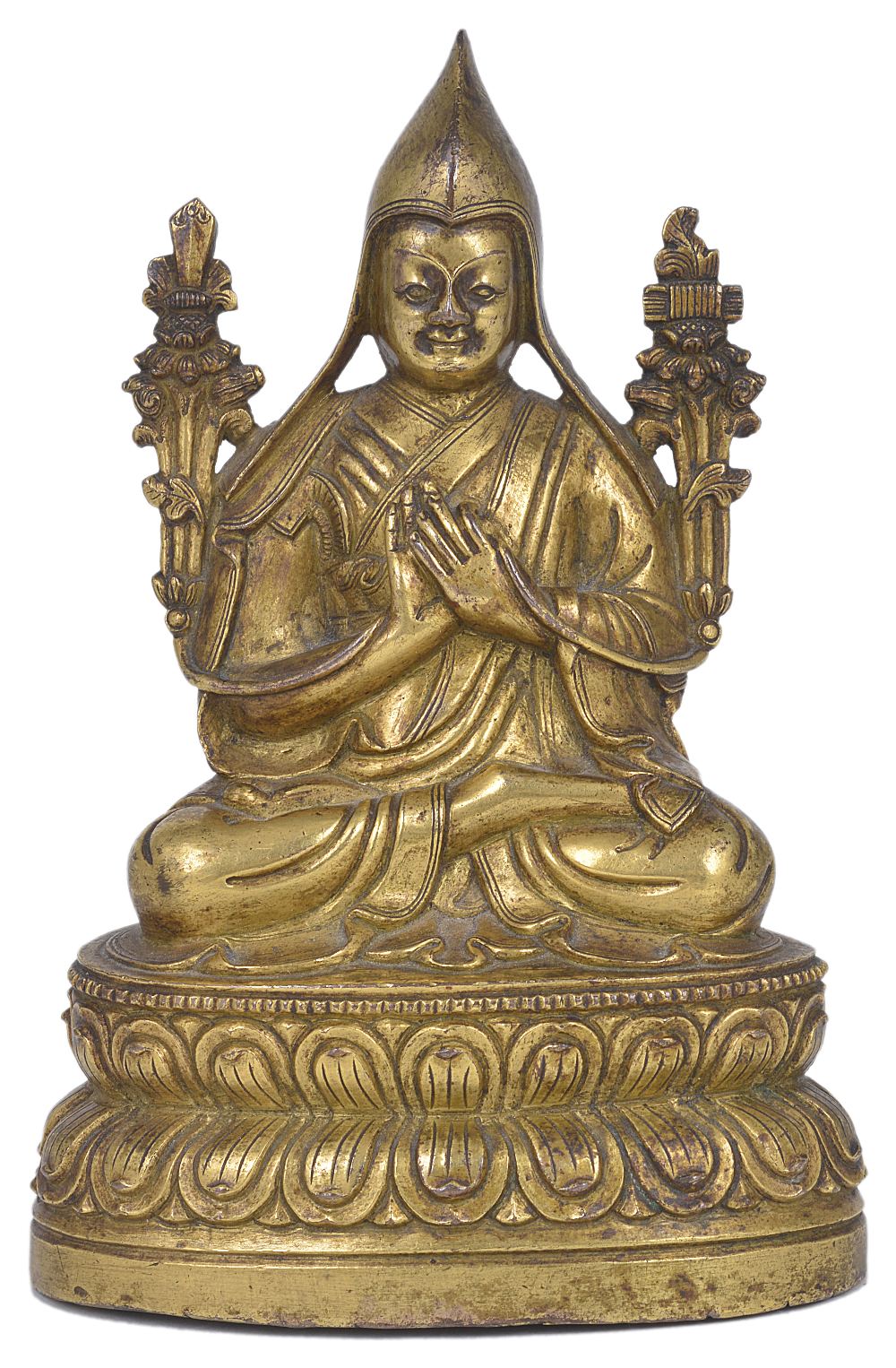 A GILT BRONZE FIGURE OF TSONG KA PA, TIBET, 18TH/19TH CENTURY seated on a double lotus throne, his
