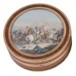 ˜A gold-mounted pollard wood snuff box and cover, French, circa 1820 circular, the lid inset with