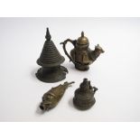 FOUR MISCELLANEOUS BRONZE CONTAINERS, 19TH CENTURY comprising an Indian bottle in the form of a