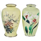 TWO JAPANESE CLOISONNE VASES, 20TH CENTURY both with yellow grounds and unsigned, one slender