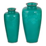 TWO JAPANESE ENAMEL VASES, ANDO JUBEI WORKSHOP, 20TH CENTURY slender tapering form, delicately