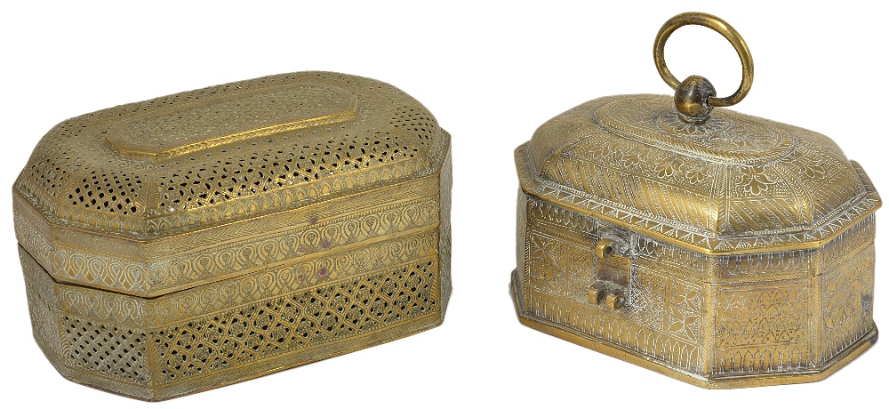 TWO BRASS BOXES, INDIA, 19TH CENTURY each of elongated octagonal form, with domed lid, one with - Image 2 of 7