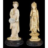 ˜A JAPANESE IVORY OKIMONO OF GUANYIN, MEIJI PERIOD (1868-1912) standing on lotus base, with