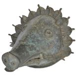 A BHUTA BOAR HEAD MASK, KARNATAKA, DECCAN, INDIA, 19TH CENTURY bronze, of stylised form, with