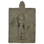 A VIRABHADRA PLAQUE, WESTERN DECCAN, INDIA, CIRCA 18TH CENTURY bronze, the four armed deity depicted