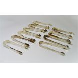 A COLLECTION OF TEN SILVER SUGAR TONGS, VARIOUS MAKERS, ENGLISH PROVINCIAL, SCOTTISH AND IRISH, LATE