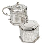 TWO EARLY VICTORIAN SILVER MUSTARD POTS one hexagonal, floral engraved below a shaped band of