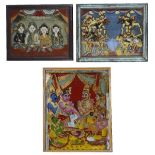 THREE REVERSE GLASS PAINTINGS one from Tanjore, South India, depicting the infant Krishna with