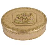 A GERMAN THREE-COLOUR GOLD SNUFF BOX, MAKER'S MARK FF, PROBABLY HANAU, CIRCA 1790 oval, the lid with