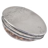 A SCOTTISH SILVER-MOUNTED COWRIE SHELL SNUFF BOX, PROBABLY JAMES MITCHELLSONE, EDINBURGH, CIRCA 1720