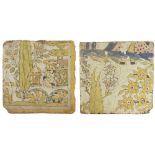 TWO SAFAVID CUERDA SECA TILES, PERSIA, 17TH CENTURY buff earthenware, each depicting details from