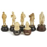 ˜A SET OF FIVE CARVED IVORY CHARLES DICKENS CHARACTER FIGURES AND A PAIR OF BUSTS, GERMAN, LATE 19TH