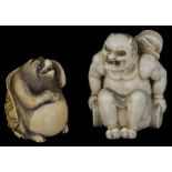 ˜A JAPANESE IVORY NETSUKE OF RAIDEN (THE THUNDER GOD), EDO PERIOD, MID 19TH CENTURY seated with