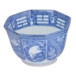 AN ARITA BLUE AND WHITE OCTAGONAL BOWL, EDO PERIOD, 18TH CENTURY the exterior painted with cranes