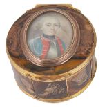 A brown agate snuff box, probably English, mid-18th century circular, the lid later applied with