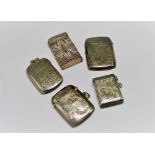 FIVE SILVER VESTA CASES all oblong, four with bright-cut scroll leafage and variety of vacant