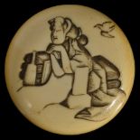 ˜A JAPANESE TWO-PART IVORY MANJU NETSUKE, EARLY MEIJI PERIOD, CIRCA 1870 engraved with a woman