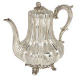 ˜A VICTORIAN SILVER COFFEE POT, ELKINGTON & CO., BIRMINGHAM, 1845 ribbed baluster, engraved with