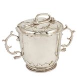 A GEORGE V SILVER TWO-HANDLED PORRINGER AND COVER, TESSIERS LTD, LONDON, 1911 a replica of a late