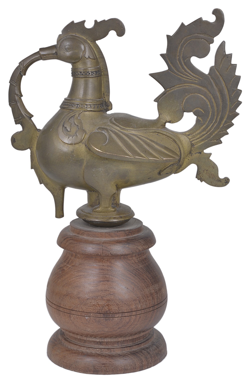 A LARGE CAST BRASS FIGURE OF A HAMSA, SOUTHERN INDIA, 19TH CENTURY with small wings, scrolling crest