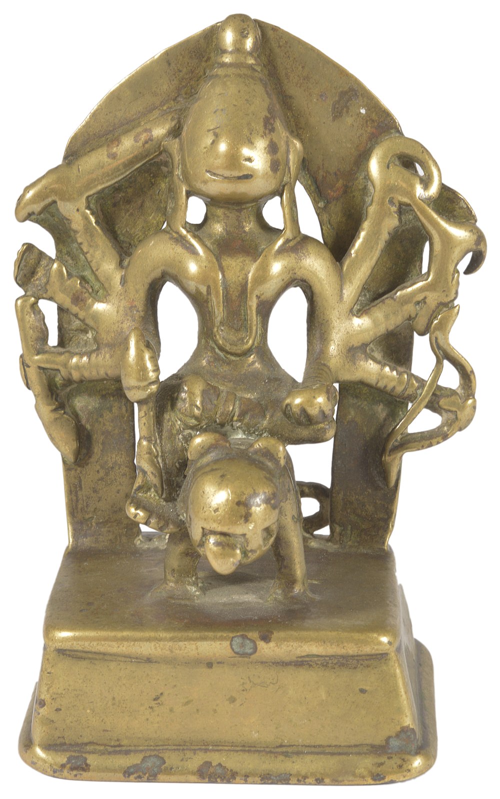 A BRONZE FIGURE OF DURGA ON HER LION, WESTERN INDIA, DATED SAMVAT 1531/1475 A.D.(?) the eight