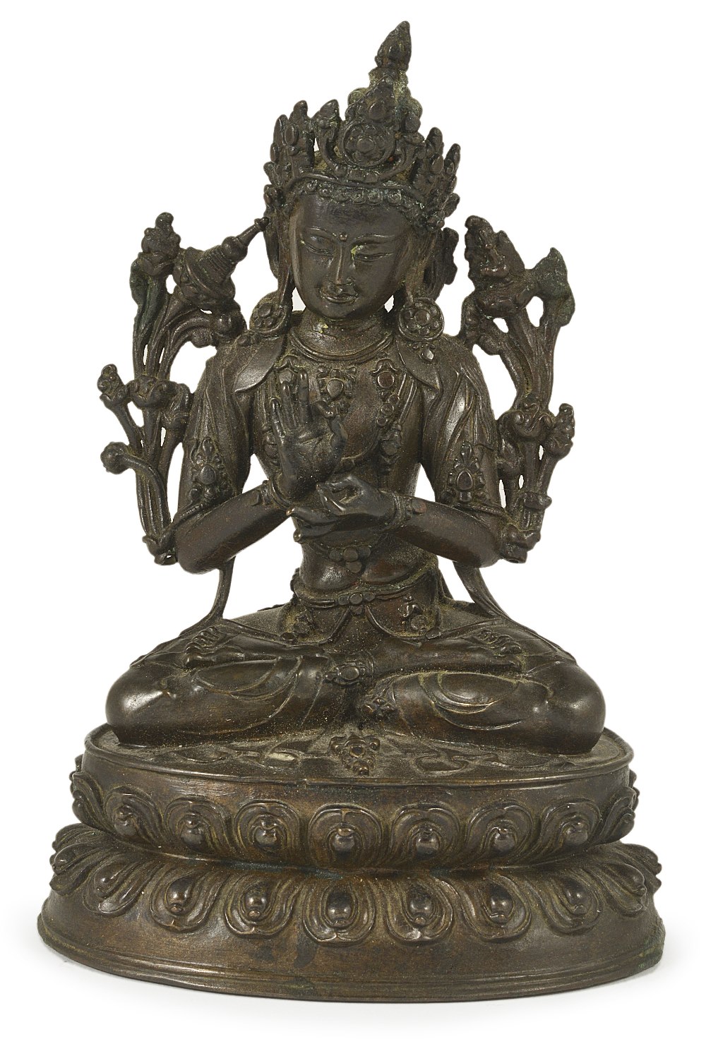 A BRONZE FIGURE OF MAITREYA, TIBET, CIRCA 16TH CENTURY seated on a double lotus throne, his hands in