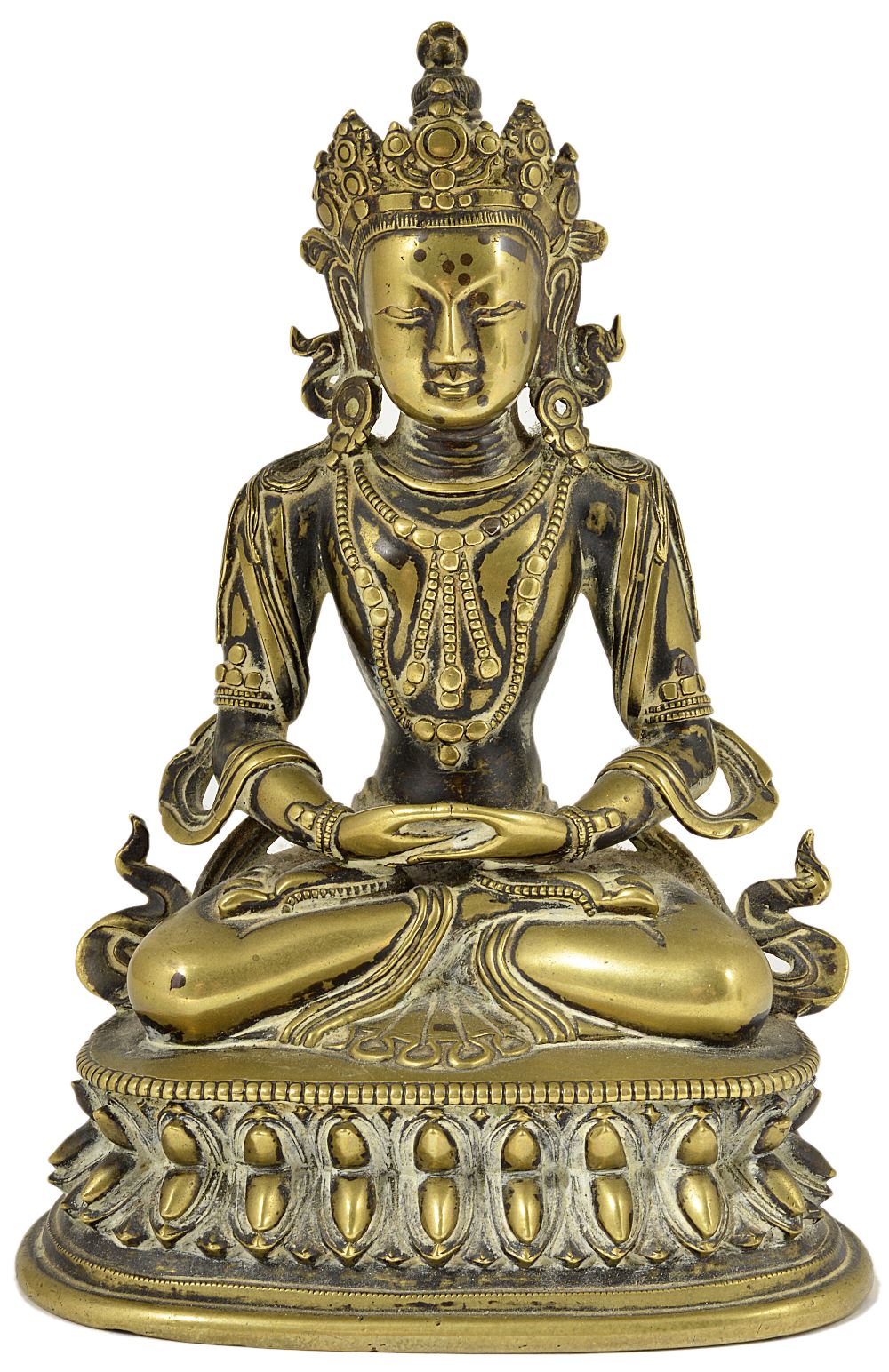 A SINO-TIBETAN BRONZE FIGURE OF AMITAYUS, CHINA, 18TH CENTURY seated in padmasana on a double