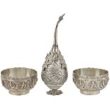 TWO ANGLO-INDIAN SILVER SWEETMEAT DISHES, SOUTH INDIA, CIRCA 1900 the sides decorated with Hindu