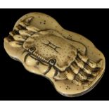 ˜A JAPANESE IVORY NETSUKE OF A CRAB, LATE EDO PERIOD, CIRCA 1850 on a shallow rock base, partly