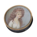 ˜A TORTOISESHELL PORTRAIT BOX, FRENCH, CIRCA 1900 the cover inset with a miniature on ivory of a