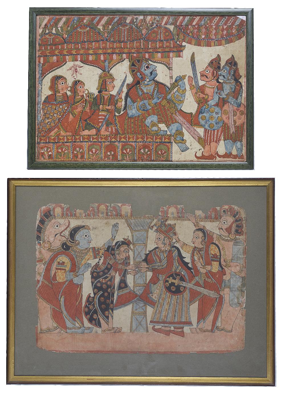 TWO PAITHAN LEAVES, DECCAN, INDIA, 19TH CENTURY gouache and ink on English paper, depicting scenes