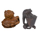 A GROUP OF THREE JAPANESE WOOD NETSUKE, EARLY 20TH CENTURY comprising: a large ball of toads, inlaid