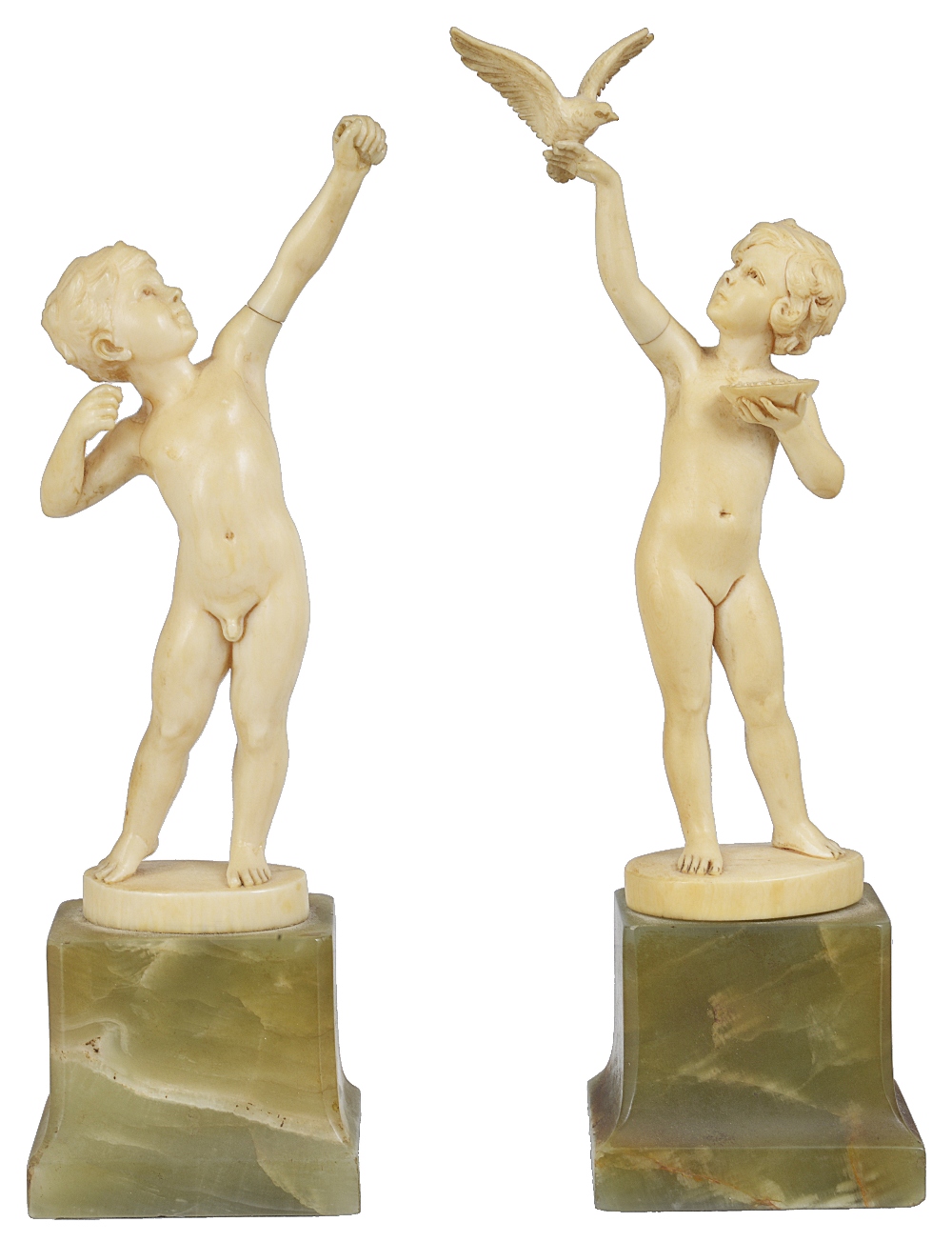 ~Ferdinand Preiss (1882-1943): ‘boy with bow’ and ‘girl with dove’a pair of German ivory figures,