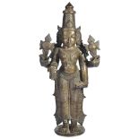 A LARGE BRONZE FIGURE OF VISHNU, SOUTH INDIA, 19TH CENTURYstanding on a circular base, the four