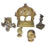 FIVE BRONZE OBJECTS, INDIA, 19TH CENTURYcomprising a toy horse on wheels, a footscraper with peacock