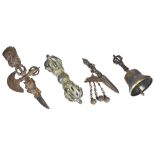 FOUR TIBETAN RITUAL OBJECTS, 20TH CENTURYcomprising a ghanta, two phurbu, and a dorje28.5cm long and