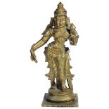 A BRONZE FIGURE OF SRI DEVI, SOUTH INDIA, 19TH CENTURYstanding in tribhanga, on lotus base, her