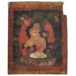 A TSAKLI DEPICTING VAJRAVARAHI, TIBET, CIRCA 18TH CENTURYpigment on cloth, red border, mantras in